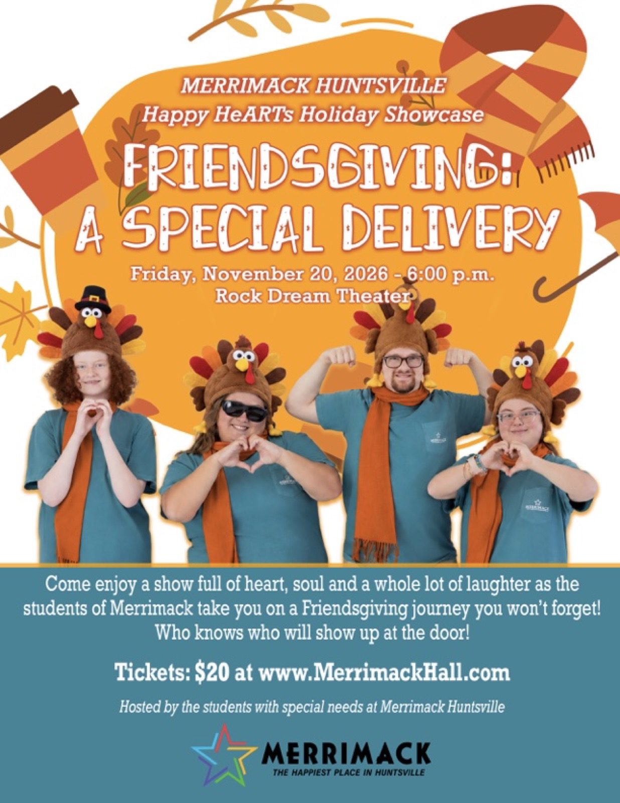 Flyer for Friendsgiving: A Special Delivery, the Merrimack Huntsville Happy HeARTs Holiday Showcase, Friday, November 20, 2026 at 6 p.m. at Rock Dream Theater. Tickets $20.